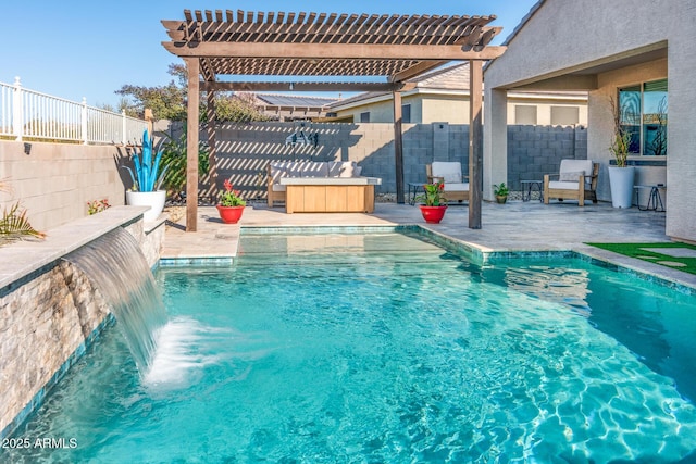 view of swimming pool featuring a fenced backyard, a fenced in pool, a pergola, and a patio