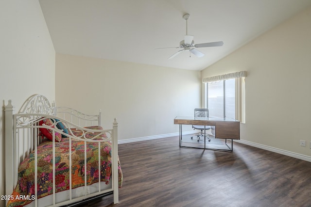 bedroom featuring ceiling fan, dark hardwood / wood-style flooring, and vaulted ceiling