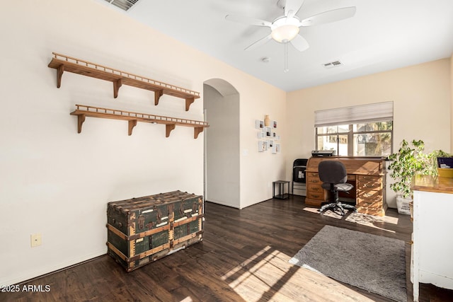 office space with ceiling fan and dark wood-type flooring