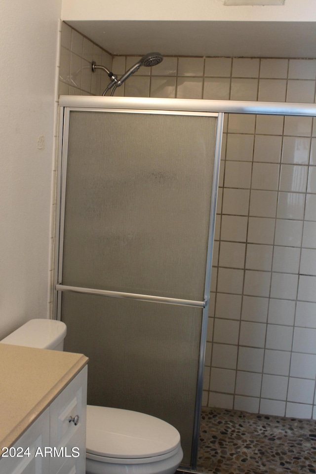 bathroom with vanity, a shower with shower door, and toilet