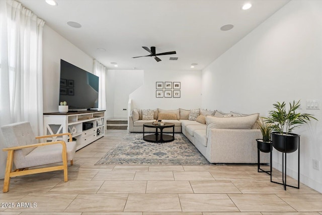 living room with ceiling fan