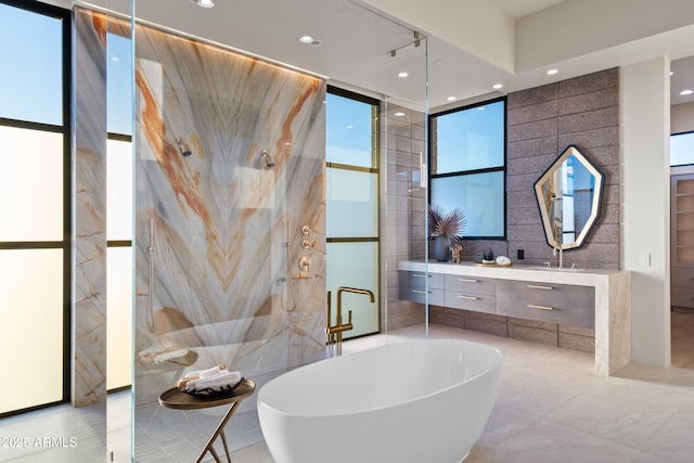 full bathroom featuring tile walls, double vanity, a freestanding bath, expansive windows, and a sink