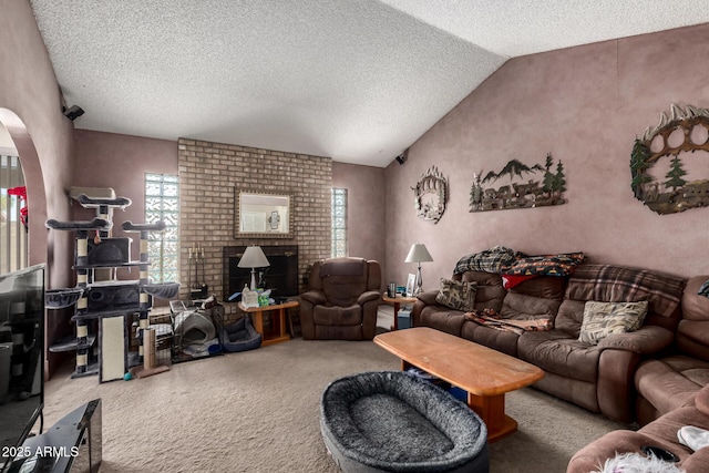 4957 W Onyx Ave, Glendale, AZ 85302 - living room featuring carpet flooring, lofted ceiling, a textured ceiling, and arched walkways