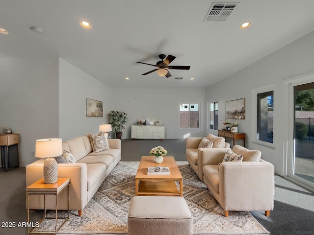 living room with ceiling fan