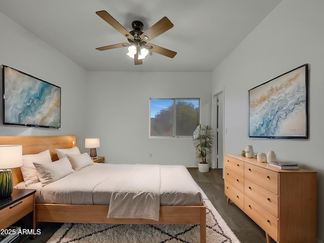 carpeted bedroom with ceiling fan