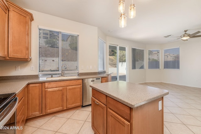 kitchen with pendant lighting, light tile patterned flooring, sink, appliances with stainless steel finishes, and ceiling fan with notable chandelier