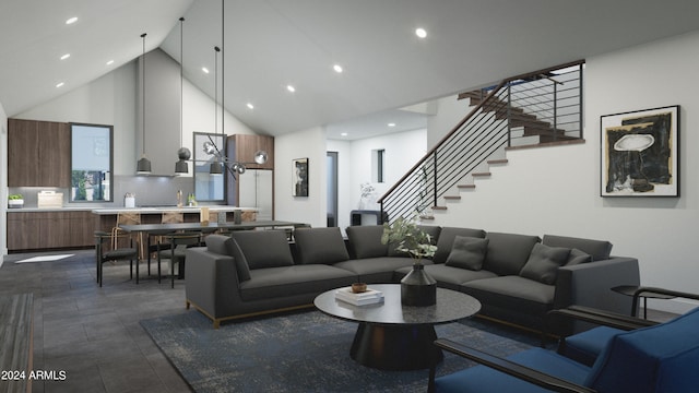 living room featuring sink and high vaulted ceiling