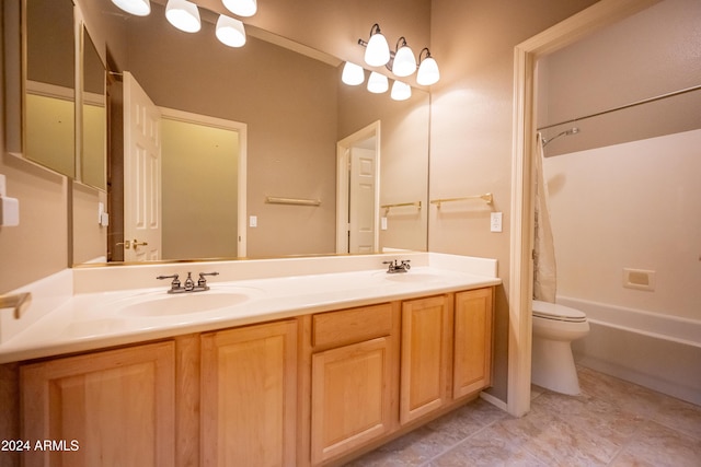 full bathroom with tile patterned flooring, vanity, toilet, and shower / tub combo with curtain