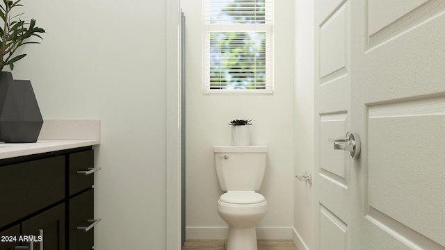 bathroom with vanity, wood-type flooring, and toilet