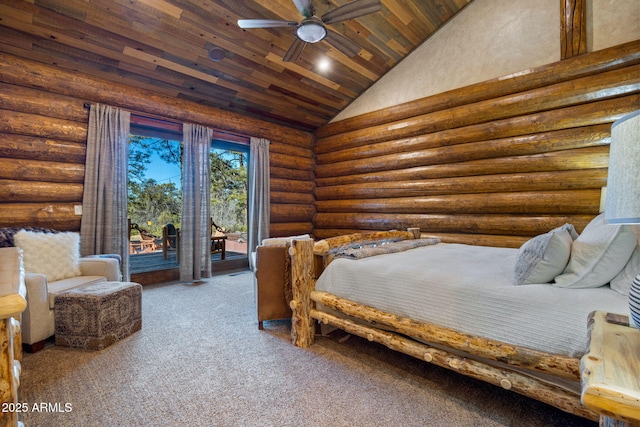 bedroom with lofted ceiling, carpet flooring, log walls, access to exterior, and wooden ceiling