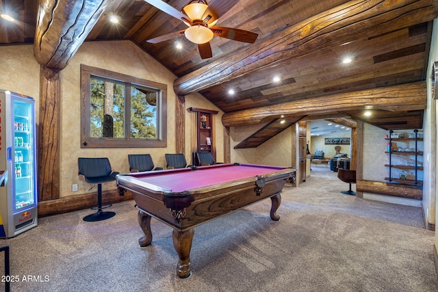 game room featuring lofted ceiling with beams, carpet flooring, pool table, ceiling fan, and wood ceiling