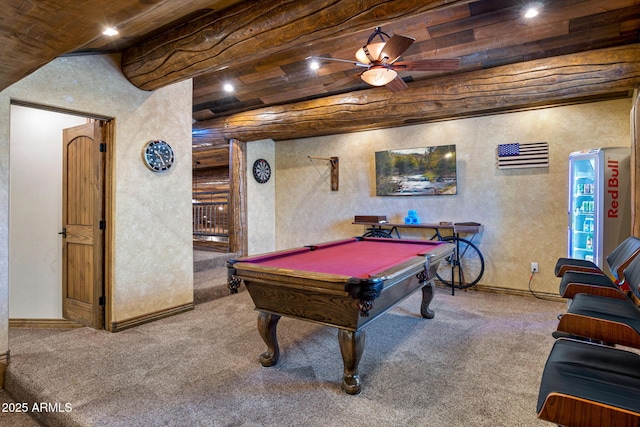 playroom featuring pool table, carpet floors, wooden ceiling, and ceiling fan