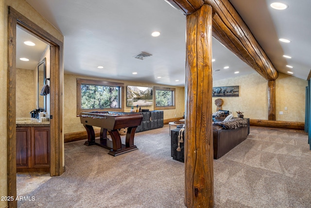 recreation room featuring lofted ceiling with beams, carpet floors, and billiards