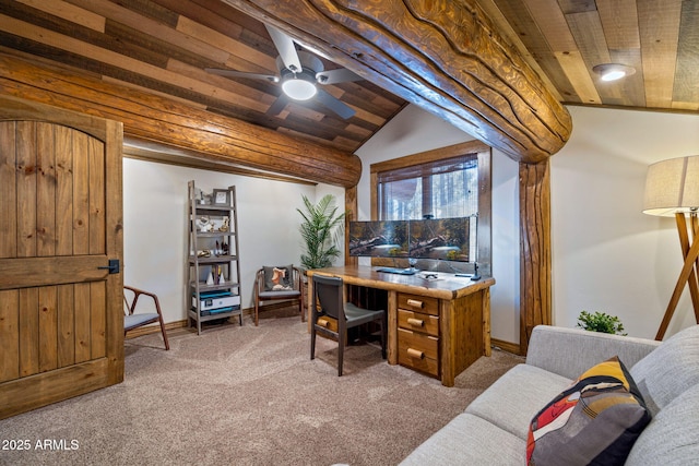 office with lofted ceiling, light carpet, wooden ceiling, and ceiling fan