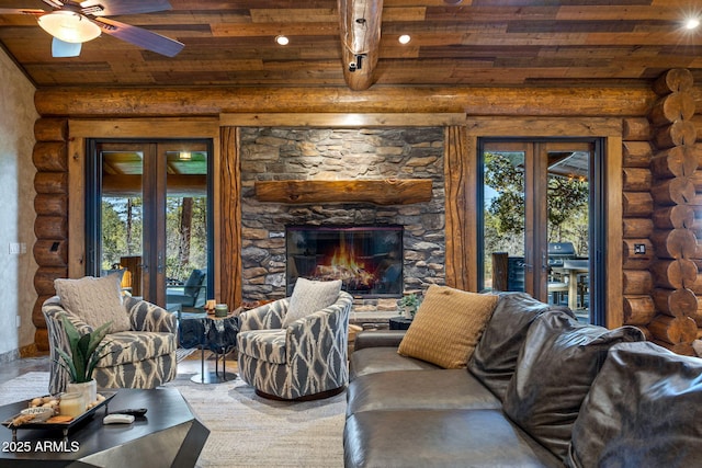 living room featuring vaulted ceiling, a fireplace, rustic walls, wooden ceiling, and french doors