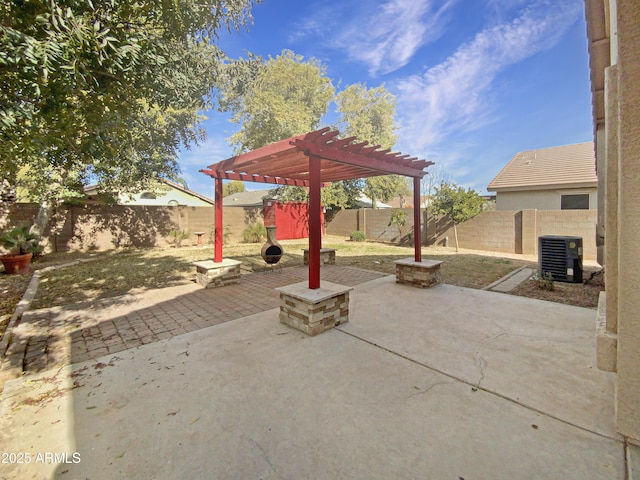 view of patio with a pergola and central AC