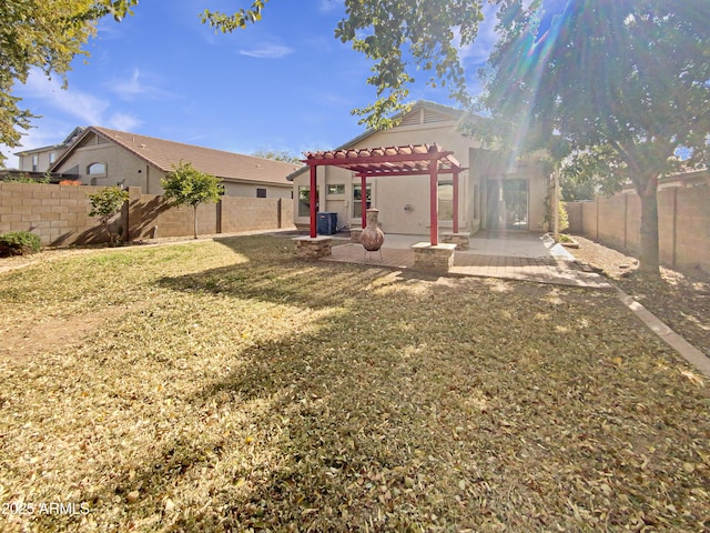 back of property with a patio, a pergola, cooling unit, and a lawn