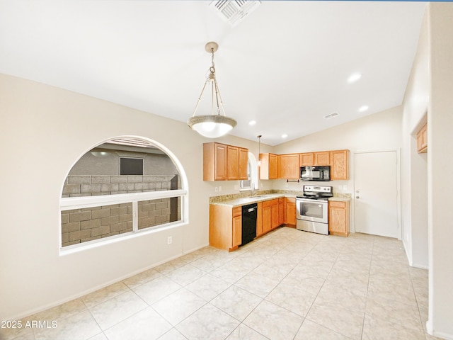 kitchen featuring black appliances, hanging light fixtures, light tile patterned floors, sink, and vaulted ceiling