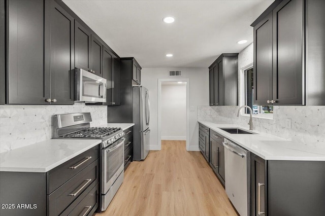 6908 E Windsor Ave, Scottsdale, AZ 85257 - kitchen featuring stainless steel appliances, light wood-style flooring, decorative backsplash, recessed lighting, and light countertops