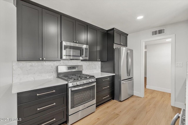 6908 E Windsor Ave, Scottsdale, AZ 85257 - kitchen with appliances with stainless steel finishes, decorative backsplash, light wood finished floors, recessed lighting, and dark cabinets