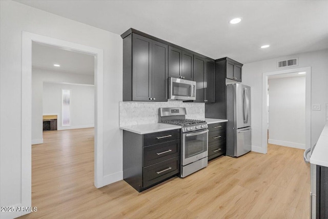 6908 E Windsor Ave, Scottsdale, AZ 85257 - kitchen featuring appliances with stainless steel finishes, light wood-style floors, light countertops, backsplash, and dark cabinetry