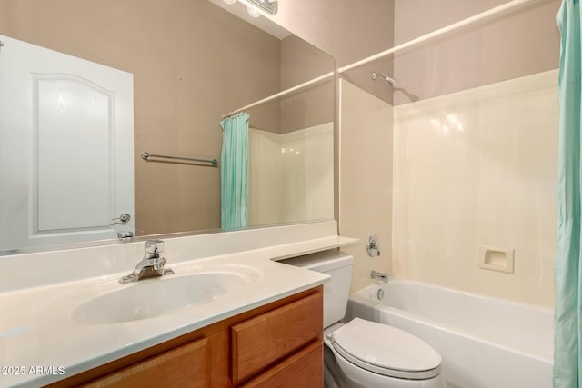 full bathroom with vanity, toilet, and shower / bathtub combination with curtain