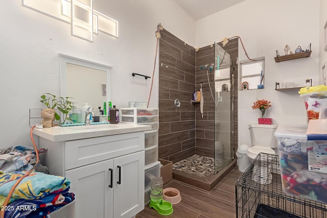 bathroom featuring toilet, vanity, and tiled shower