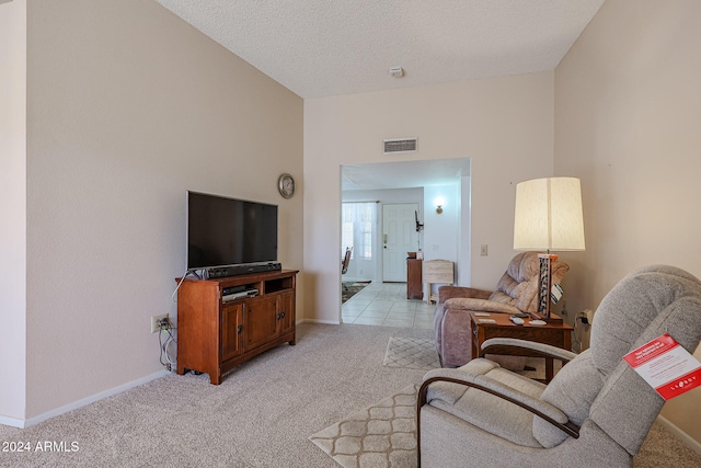 living room featuring light carpet and a textured ceiling