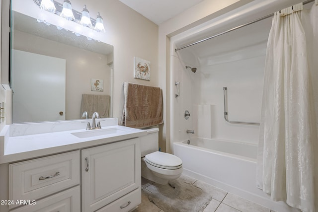 full bathroom featuring tile patterned floors, vanity, toilet, and shower / bathtub combination with curtain