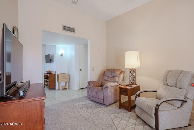 sitting room featuring a textured ceiling and light carpet