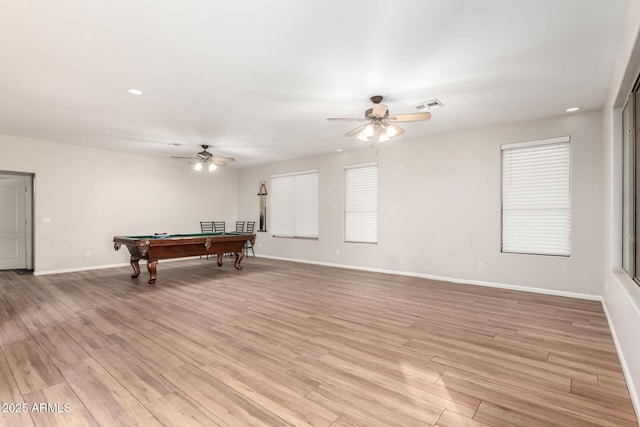 game room with billiards, ceiling fan, and light wood-type flooring