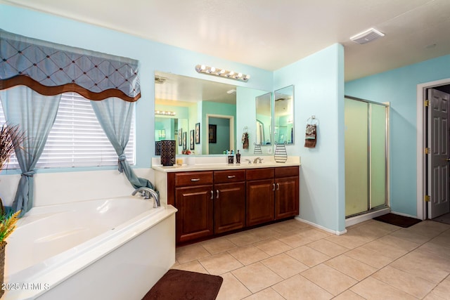 full bath with a shower stall, a bath, vanity, tile patterned flooring, and visible vents
