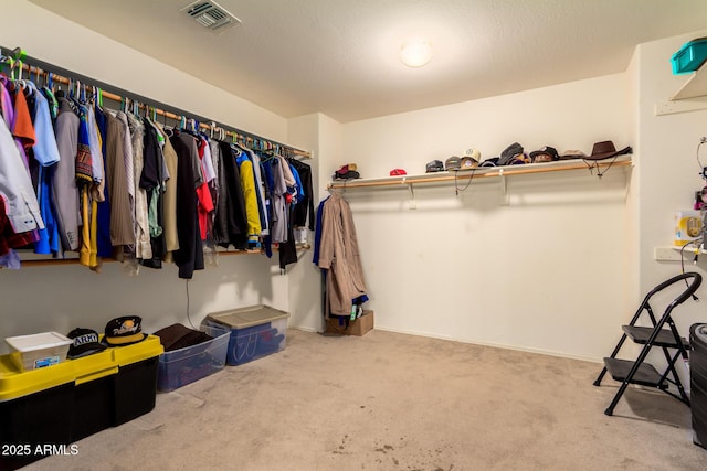 walk in closet with visible vents and carpet