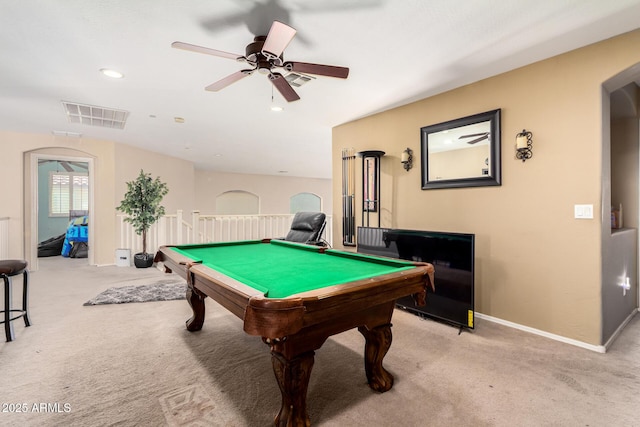 playroom with visible vents, pool table, a ceiling fan, and light carpet