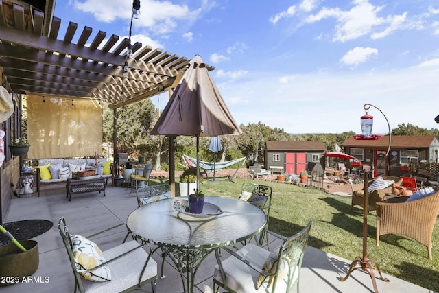 view of patio featuring outdoor dining area, outdoor lounge area, a pergola, a shed, and an outdoor structure