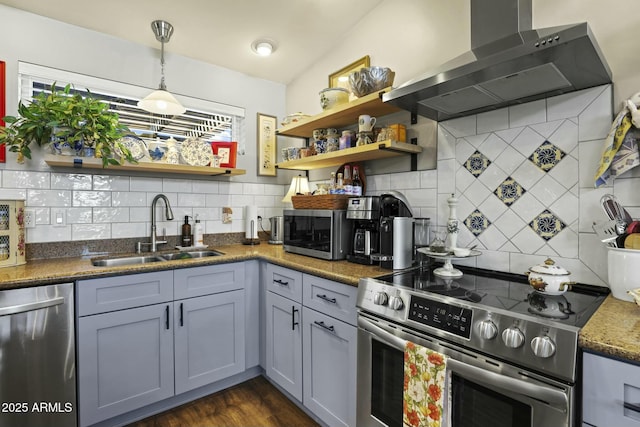 kitchen with open shelves, stainless steel appliances, tasteful backsplash, a sink, and wall chimney range hood