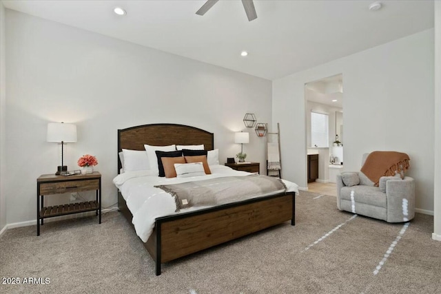 bedroom with recessed lighting, baseboards, a ceiling fan, and carpet floors