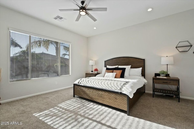 carpeted bedroom with visible vents, baseboards, recessed lighting, and ceiling fan