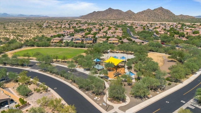 drone / aerial view featuring a mountain view and a residential view