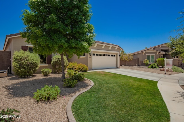 5735 S Cloverdale Ln, Gilbert, AZ 85298 - view of front of house featuring a garage, driveway, stucco siding, and a front yard