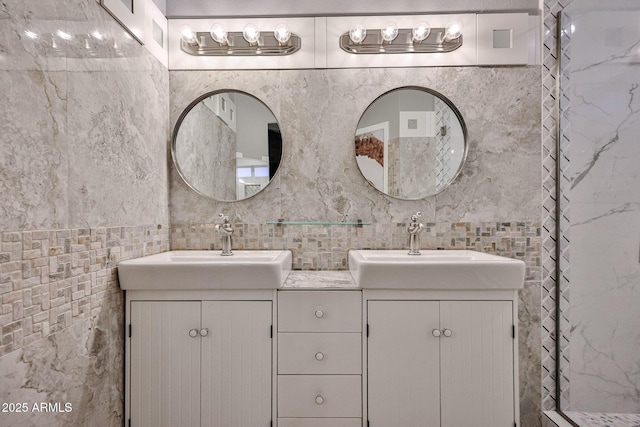17421 N 14th St, Phoenix, AZ 85022 - bathroom featuring two vanities, tile walls, and a shower