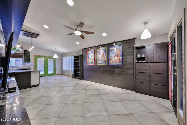 17421 N 14th St, Phoenix, AZ 85022 - unfurnished living room with vaulted ceiling, recessed lighting, ceiling fan, and light tile patterned floors