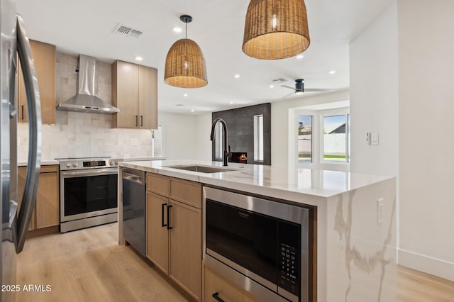 kitchen featuring appliances with stainless steel finishes, wall chimney exhaust hood, a sink, light wood-style floors, and backsplash