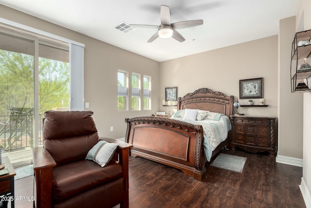 bedroom featuring ceiling fan, wood finished floors, visible vents, baseboards, and access to exterior