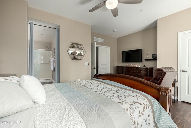 bedroom featuring a ceiling fan, visible vents, and dark wood-type flooring