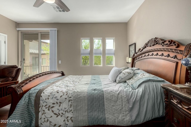 bedroom featuring access to exterior, visible vents, and ceiling fan