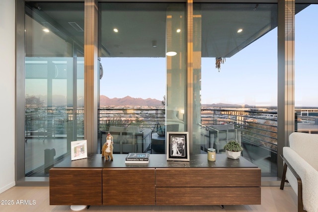 interior space featuring a mountain view and area for grilling