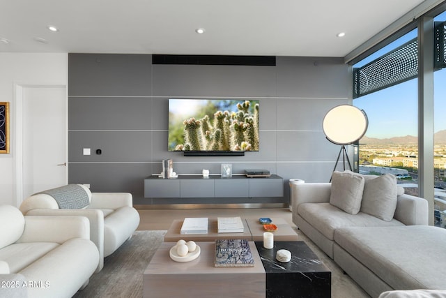 living room featuring tile walls