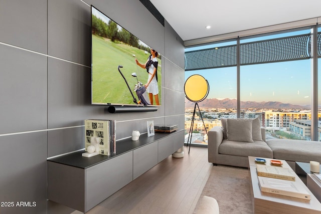 living room featuring expansive windows, a healthy amount of sunlight, and light hardwood / wood-style flooring