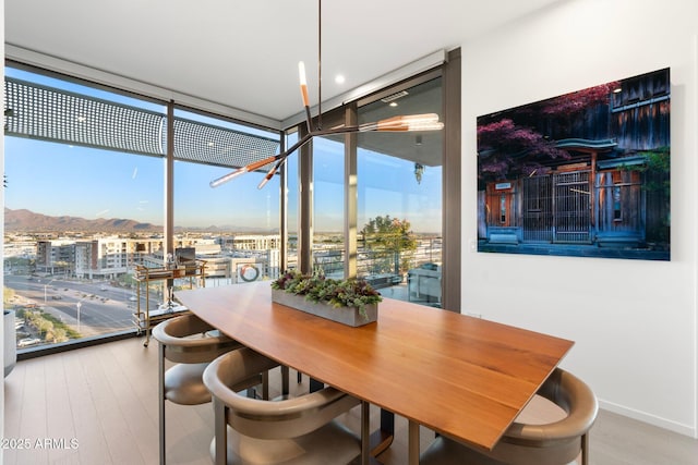 dining area featuring a mountain view, plenty of natural light, wood-type flooring, and a wall of windows